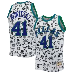 Hermoso Duradero Dirk Nowitzki Dallas Mavericks 1998/99 Hardwood Classics Doodle Swingman Jersey White