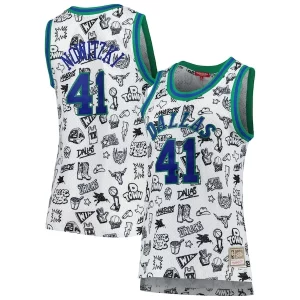 Sofisticado Ideal Dirk Nowitzki Dallas Mavericks Women's 1998 Doodle Swingman Jersey White