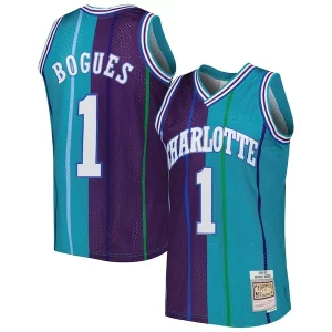 Increíble Muggsy Bogues Charlotte Hornets Hardwood Classics 1992/93 Split Swingman Jersey Teal/Purple